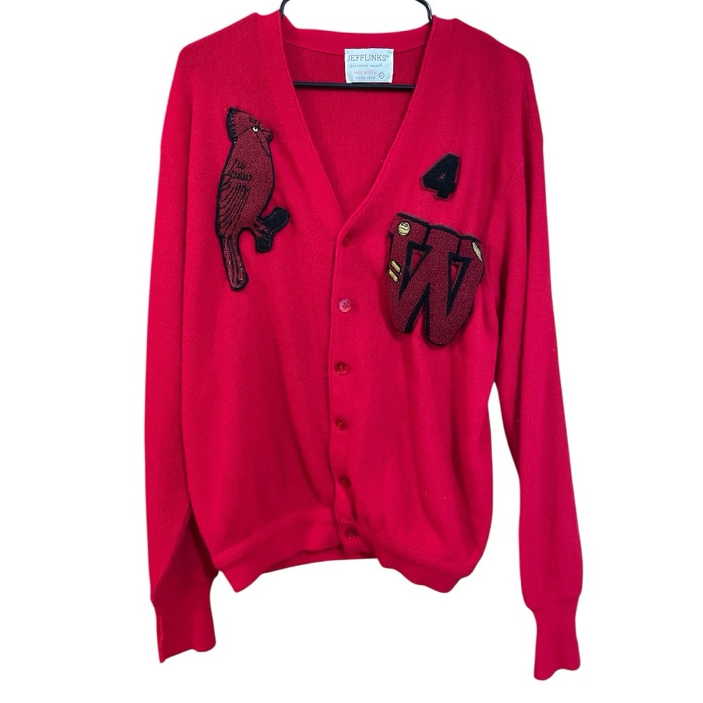 Vintage 70’s Jefflinks Cardinal Red v neck Letter Cardigan Sweater Made in USA
